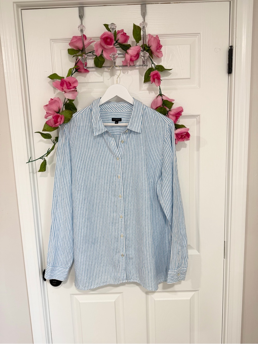 Talbots 100% Linen Blue Stripe Button Shirt Coastal Grandma Quiet Luxury XL - Picture 2 of 7